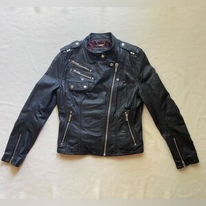 Black Rivet Zippered Black Genuine Leather Jacket With Lace Inside